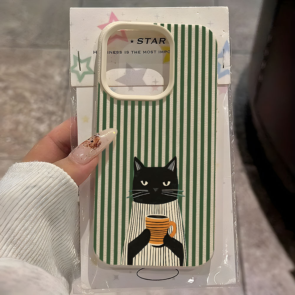 Phone Cases Cat - Funny Coffee Cat Pattern Lychee Phone